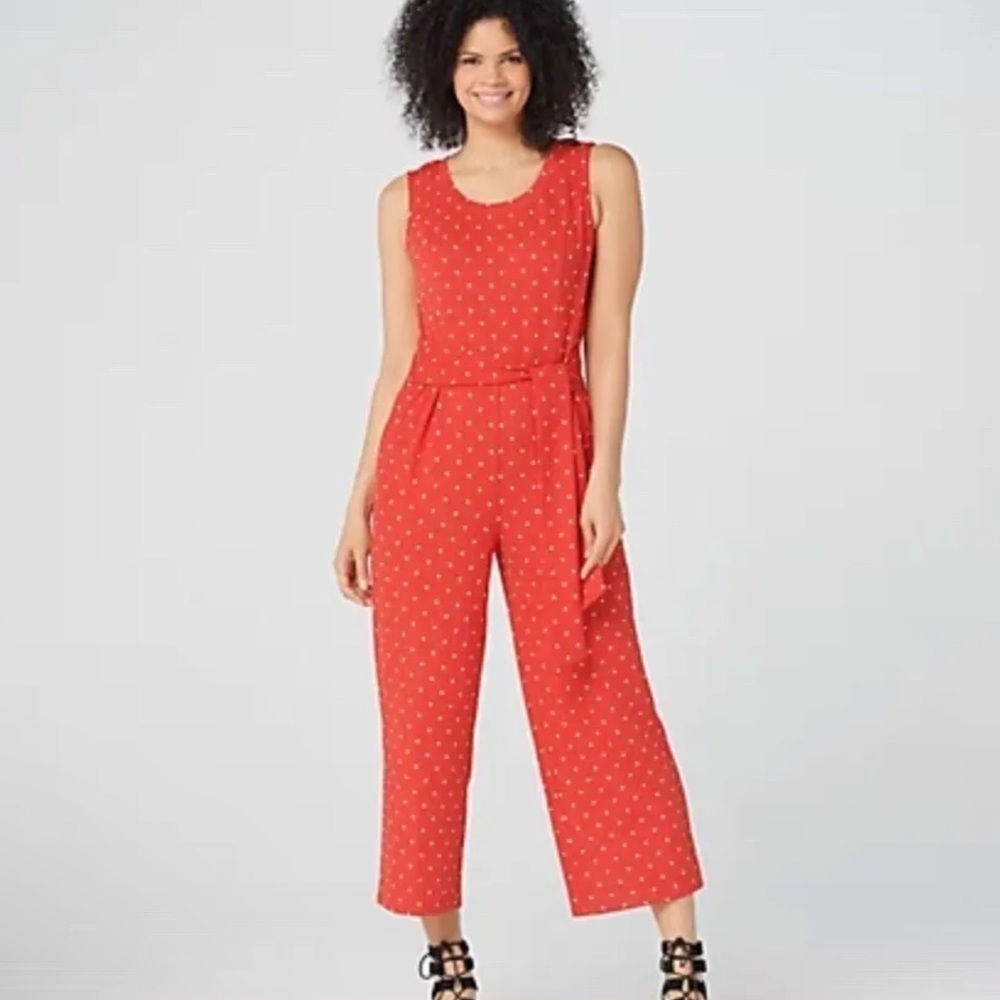 Isaac Mizrahi Live! Red Tie-Waist Polka Dot Knit Jumpsuit Red Sz L